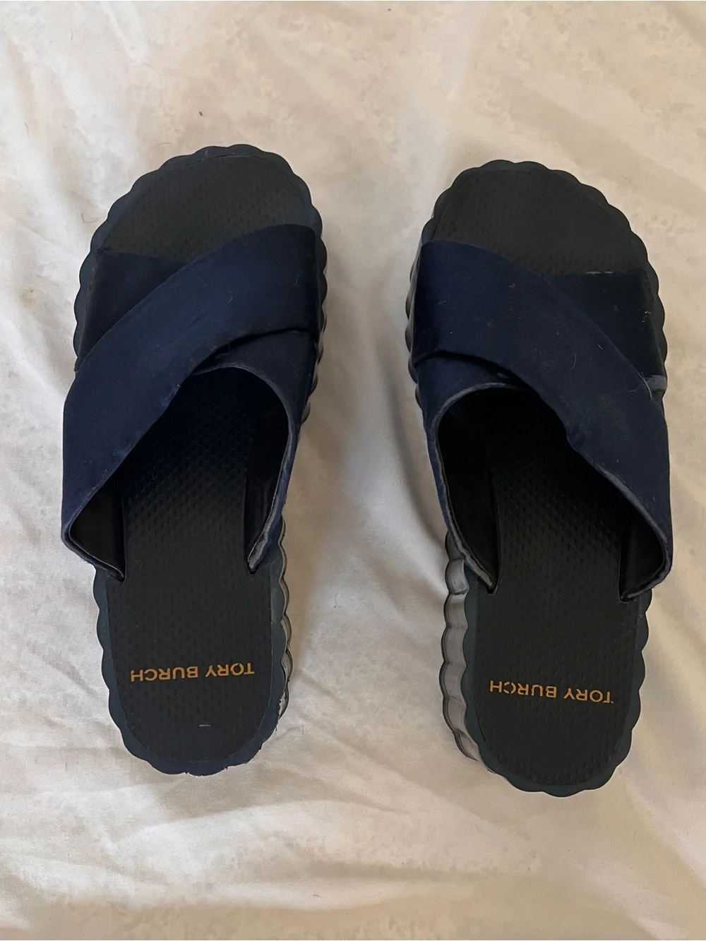 Tory Burch Satin Scalloped Platform Wedge Slide Sandals in Perfect Navy